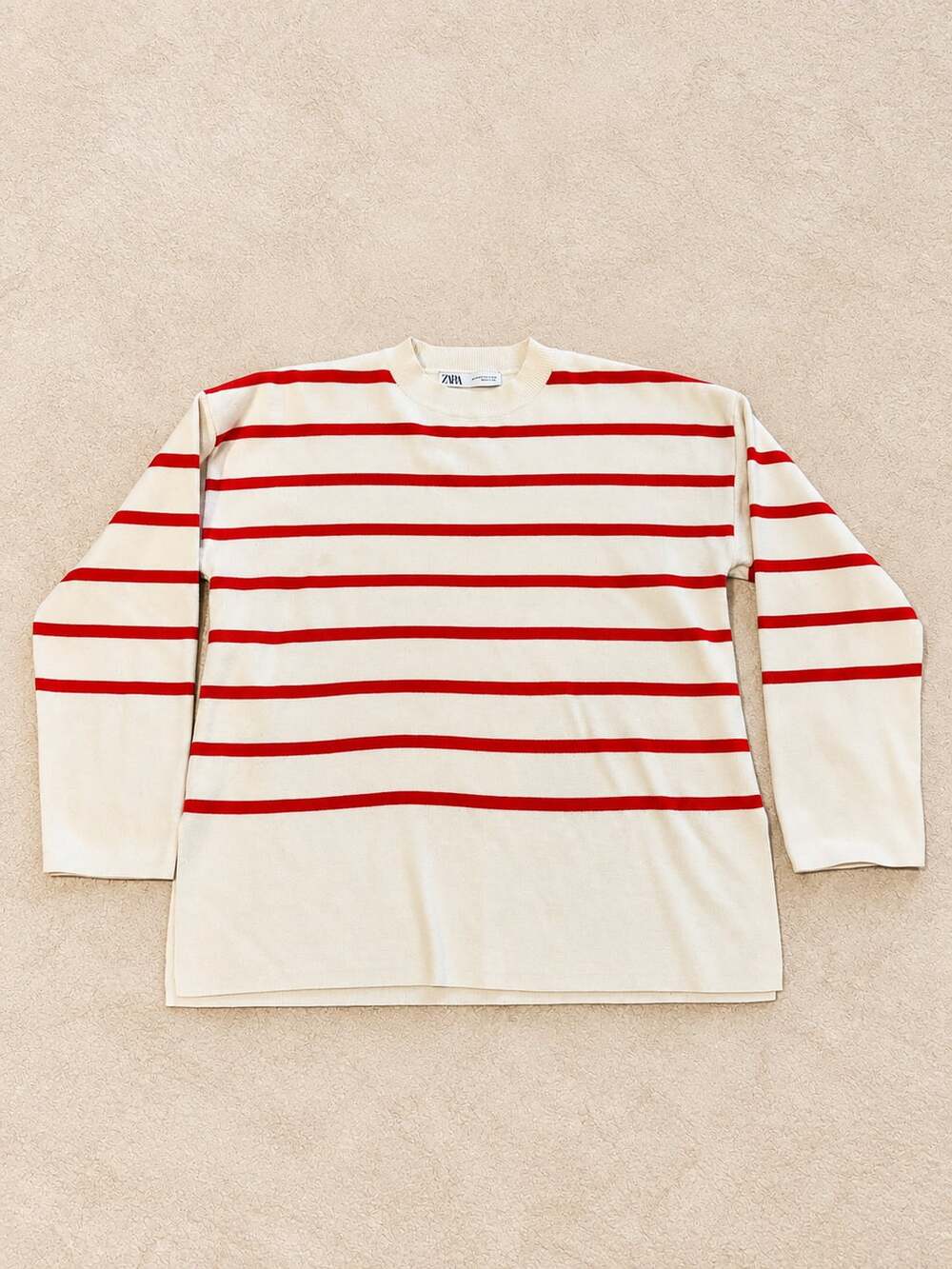 ZARA Cream Red/Orange Striped Sweater Oversized Crewneck Coastal Preppy S-M.